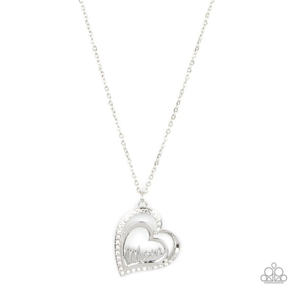 A Mother’s heart pendant long necklace silver with clear rhinestones nwt - Picture 1 of 2